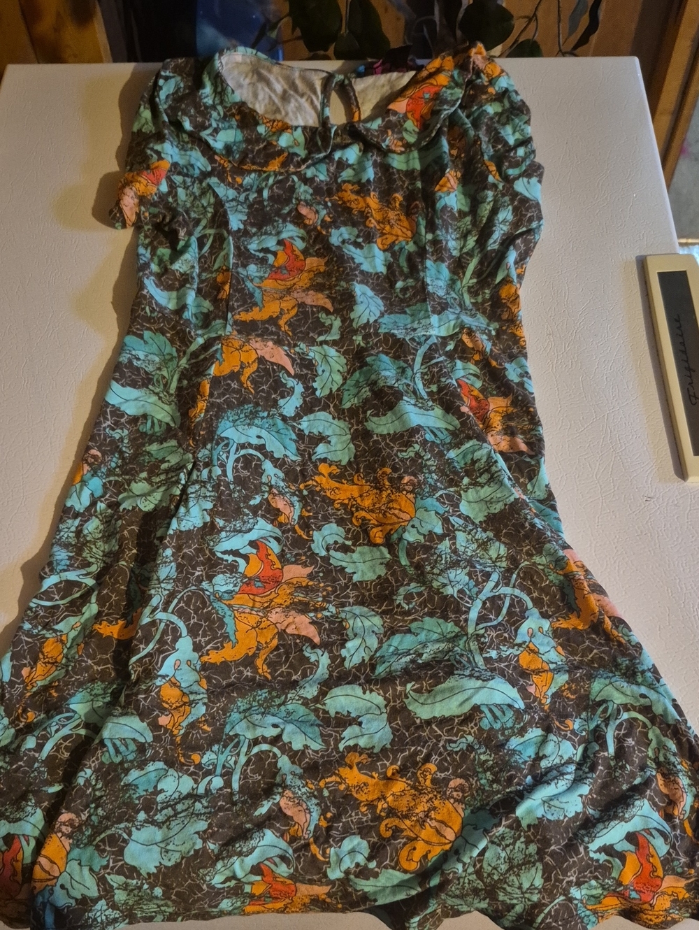 Girls' Casual Leaf Print Stretchy Skater Dress in Teal and Orange